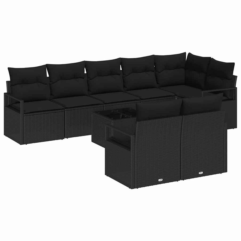 Sofa Sæt med pude 9 pcs Sort polyrattan