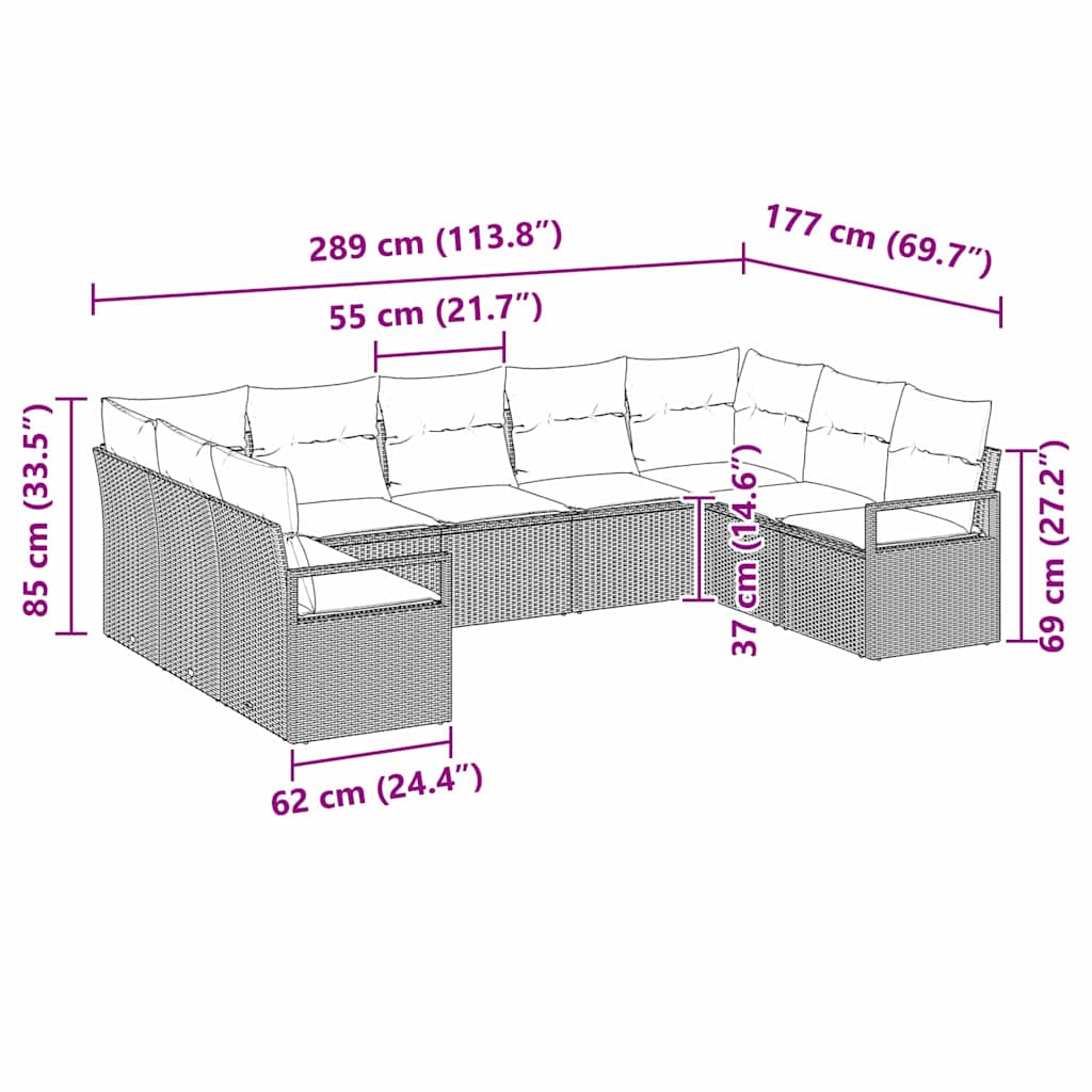 Sofa Sæt med pude 9 pcs Brun polyrattan