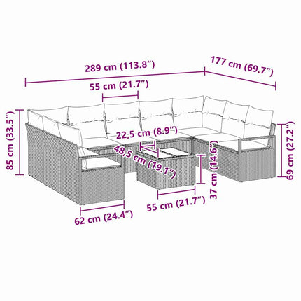 Sofa Sæt med pude 10 pcs Sort polyrattan