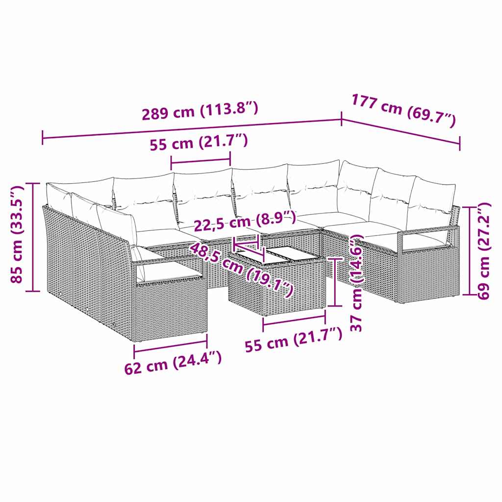 Sofa Sæt med pude 10 pcs Lysegrå polyrattan