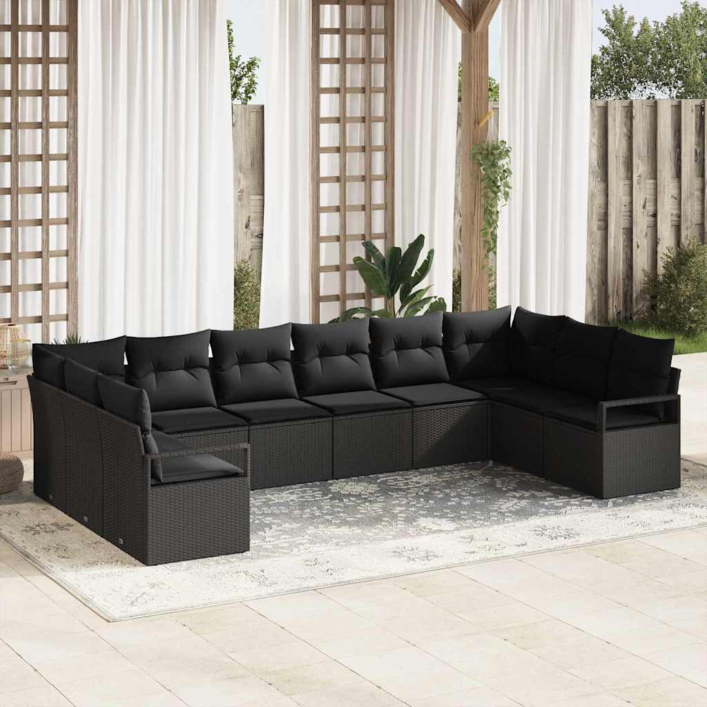 Sofa Sæt med pude 10 pcs Sort polyrattan