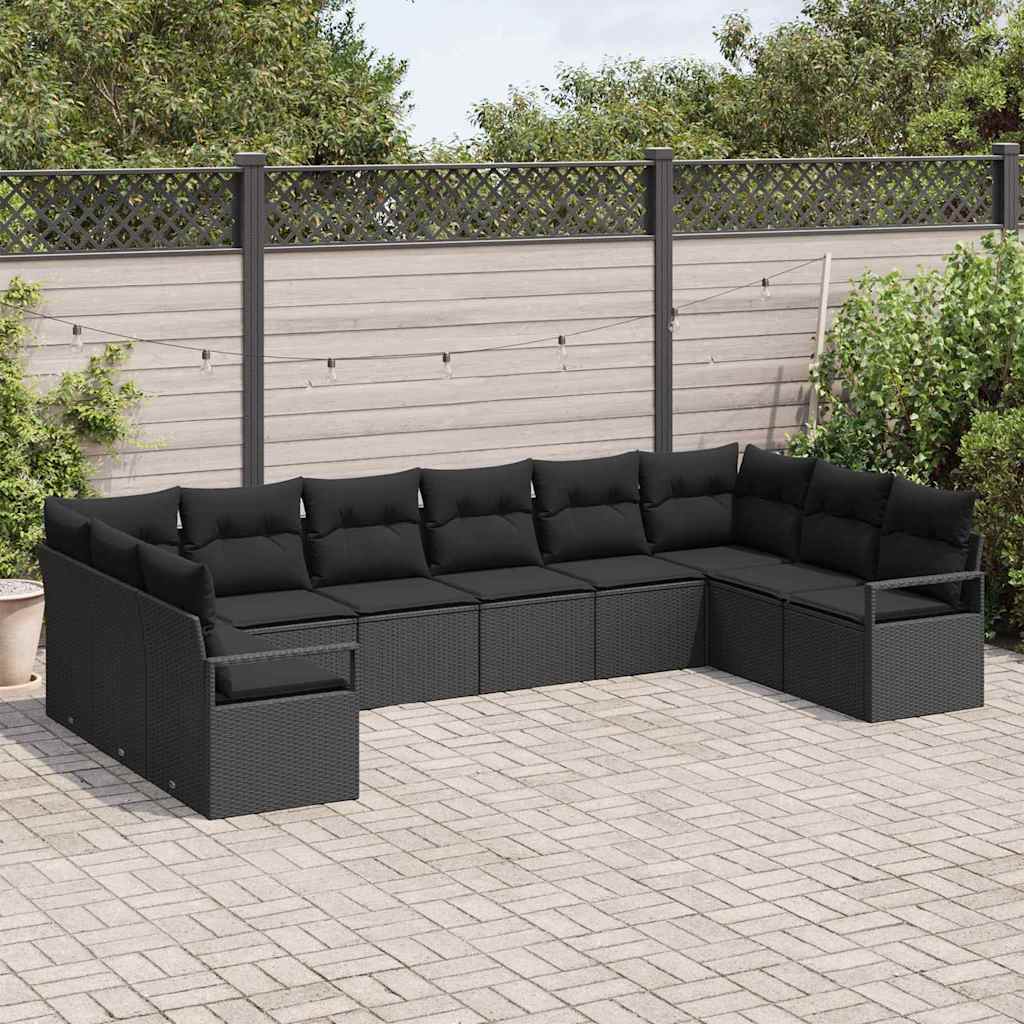 Sofa Sæt med pude 10 pcs Sort polyrattan