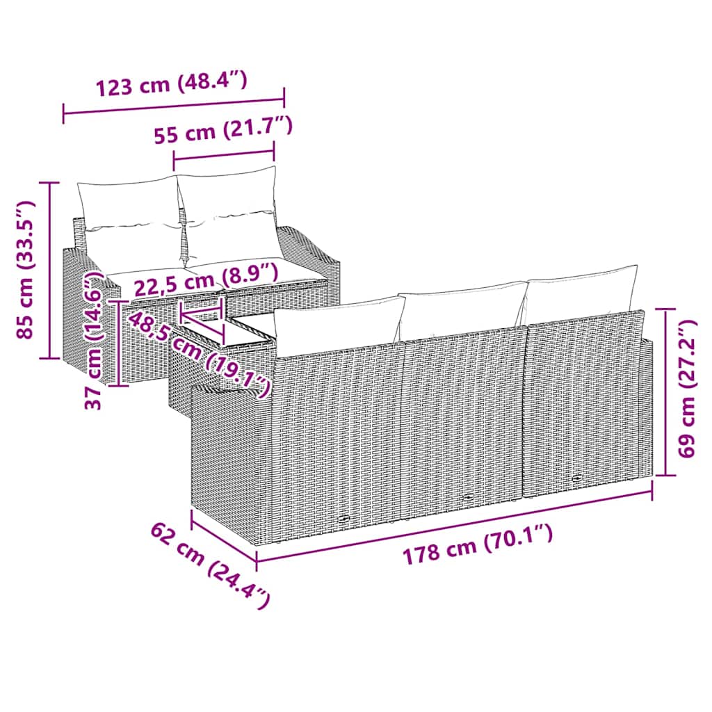 Sofa Sæt med pude med pude 6 pcs Sort polyrattan