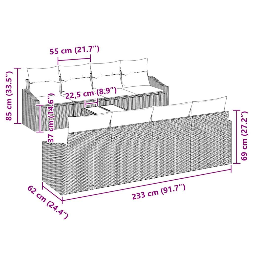 Sofa Sæt med pude med pude 9 pcs Grå polyrattan