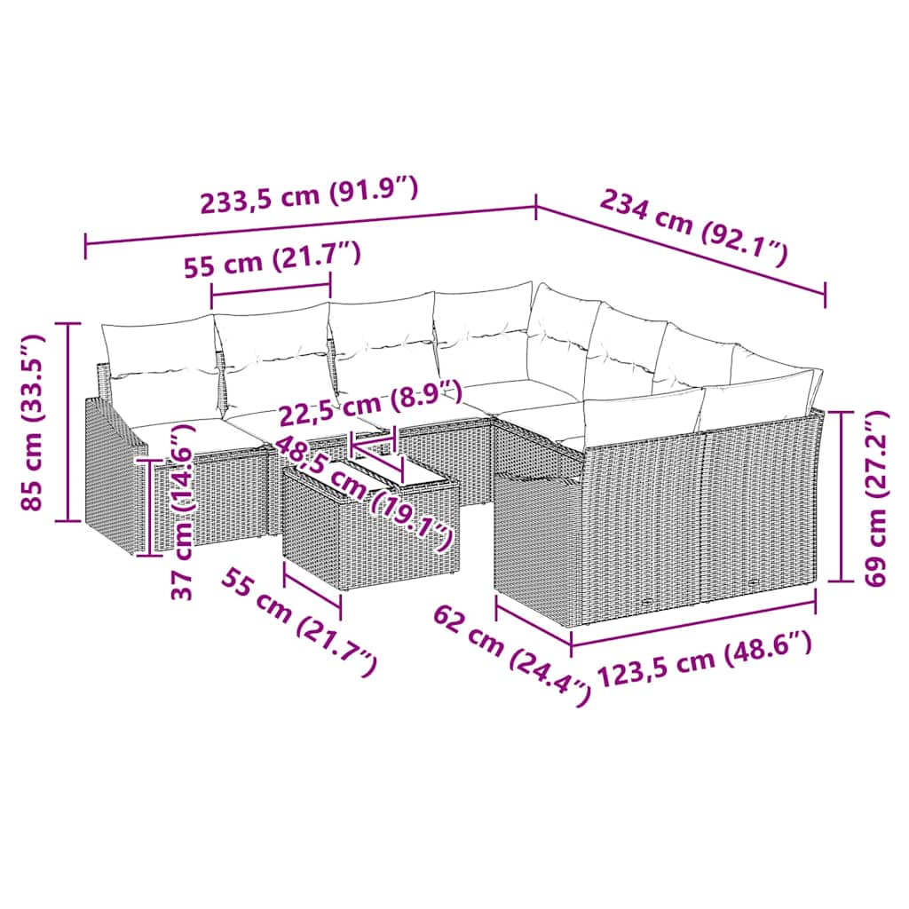 Sofa Sæt med pude med pude 9 pcs Lysegrå polyrattan