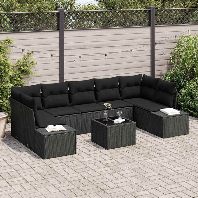 Havesofa Sæt med pude 8 pcs Sort polyrattan