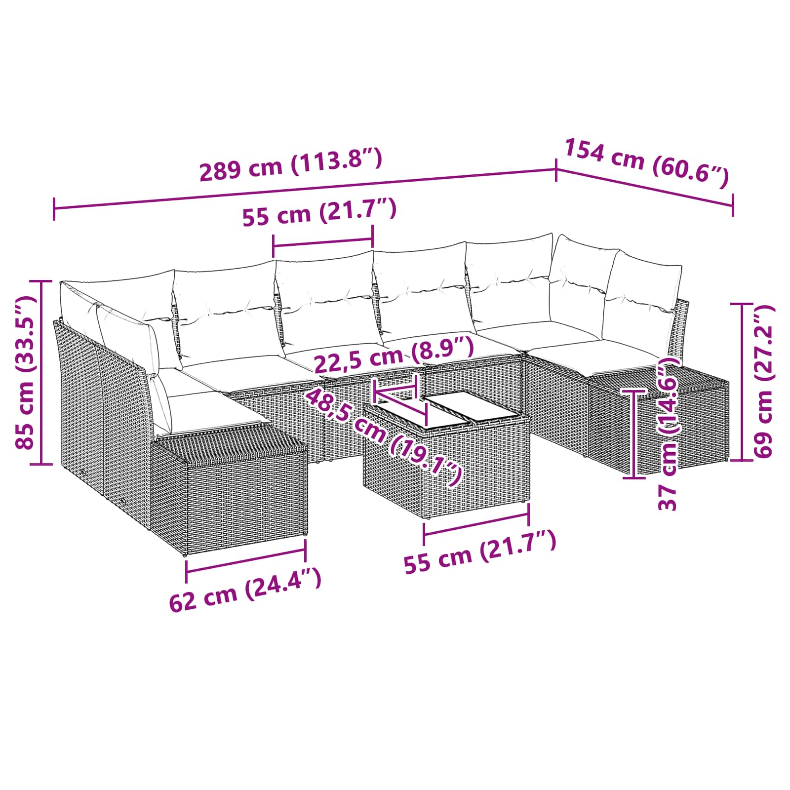 Havesofa Sæt med pude 8 pcs Brun polyrattan