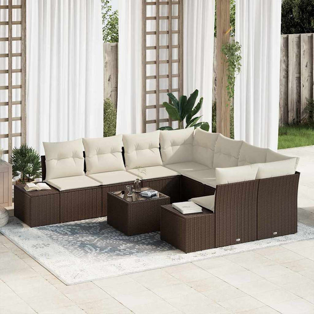 Havesofa Sæt med pude 9 pcs Brun polyrattan