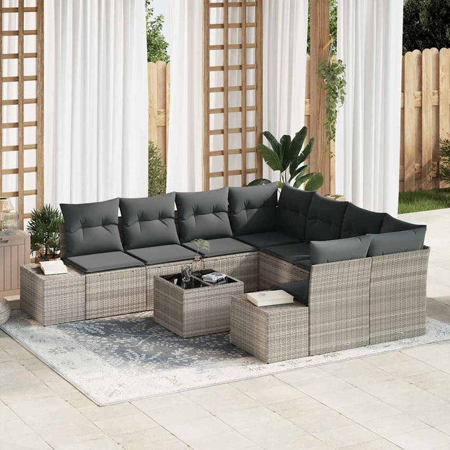 Havesofa Sæt med pude 9 pcs Lysegrå polyrattan
