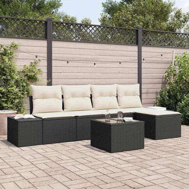 Havesofa Sæt med pude 6 pcs Sort polyrattan