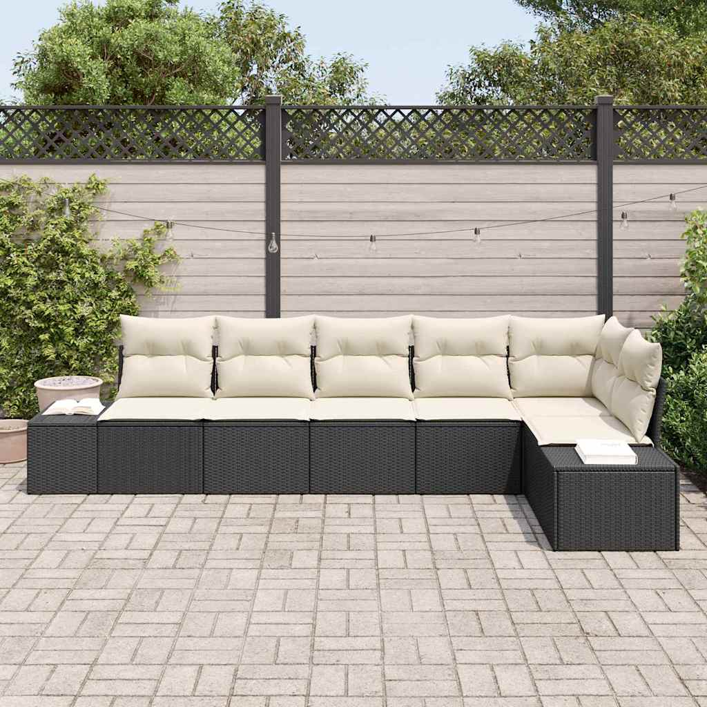 Havesofa Sæt med pude 6 pcs Sort og Cream polyrattan