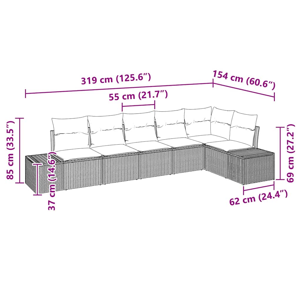 Havesofa Sæt med pude 6 pcs Lysegrå polyrattan