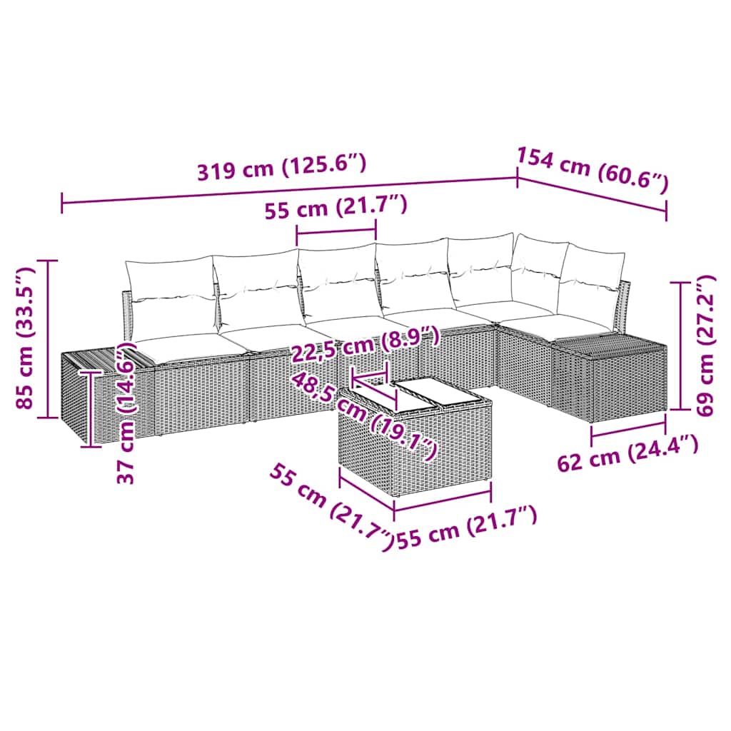 Havesofa Sæt med pude 7 pcs Brun og Creme polyrattan