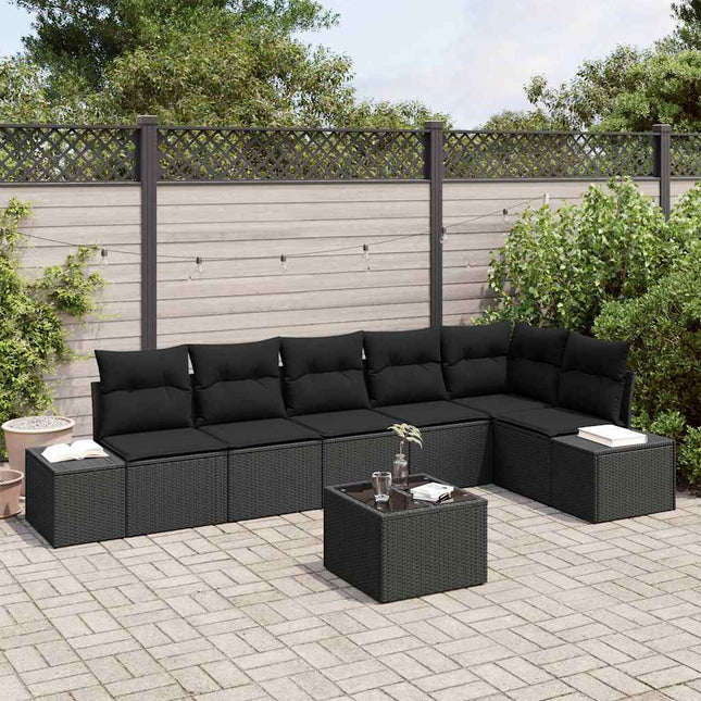 Havesofa Sæt med pude 7 pcs Sort polyrattan