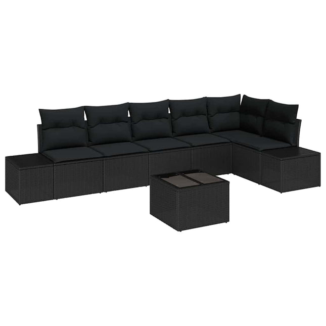 Havesofa Sæt med pude 7 pcs Sort polyrattan