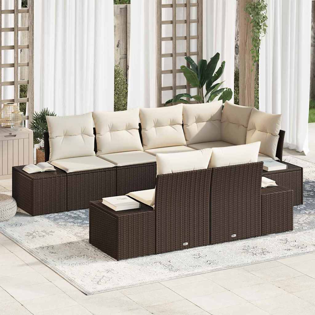 Havesofa Sæt med pude 7 pcs Brun og cremefarvet Poly rattan