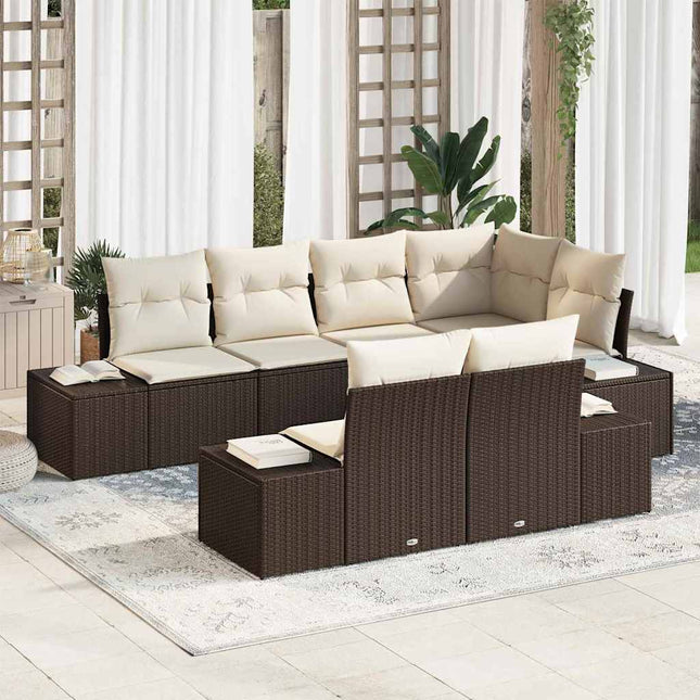 Havesofa Sæt med pude 7 pcs Brun og cremefarvet Poly rattan