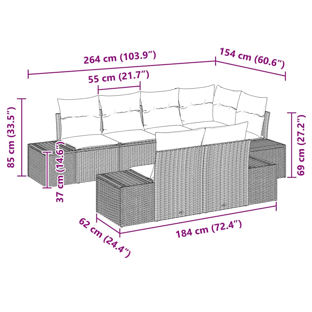 Havesofa Sæt med pude 7 pcs Brun og cremefarvet Poly rattan