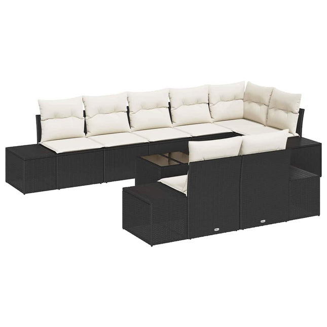 Havesofa Sæt med pude 9 pcs Sort og Cream polyrattan