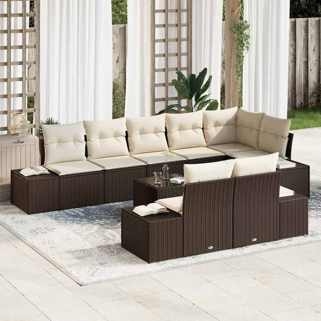 Havesofa Sæt med pude 9 pcs Brun og Creme polyrattan