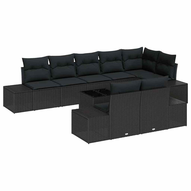 Havesofa Sæt med pude 9 pcs Sort polyrattan