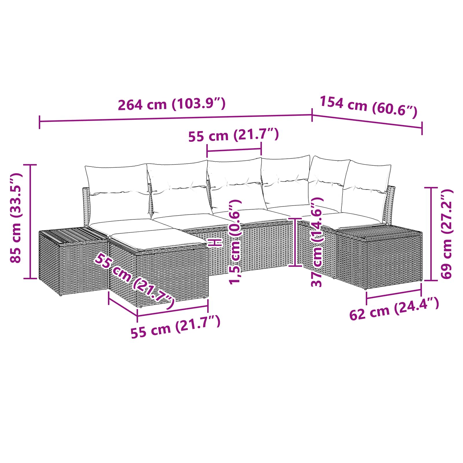 Havesofa Sæt med pude 6 pcs Brun polyrattan