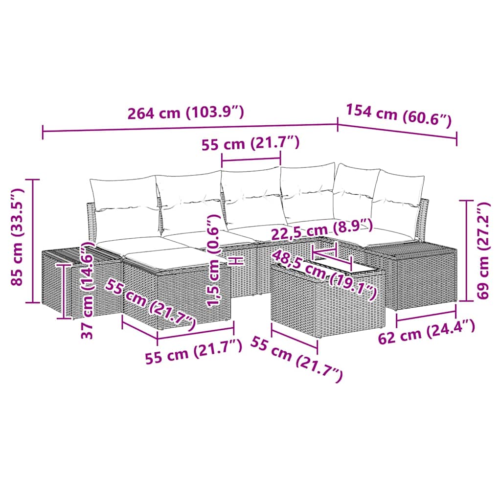 Havesofa Sæt med pude 7 pcs Lysegrå polyrattan