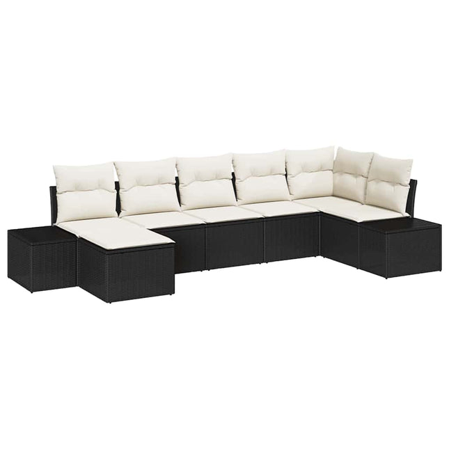 Havesofa Sæt med pude 7 pcs Sort polyrattan