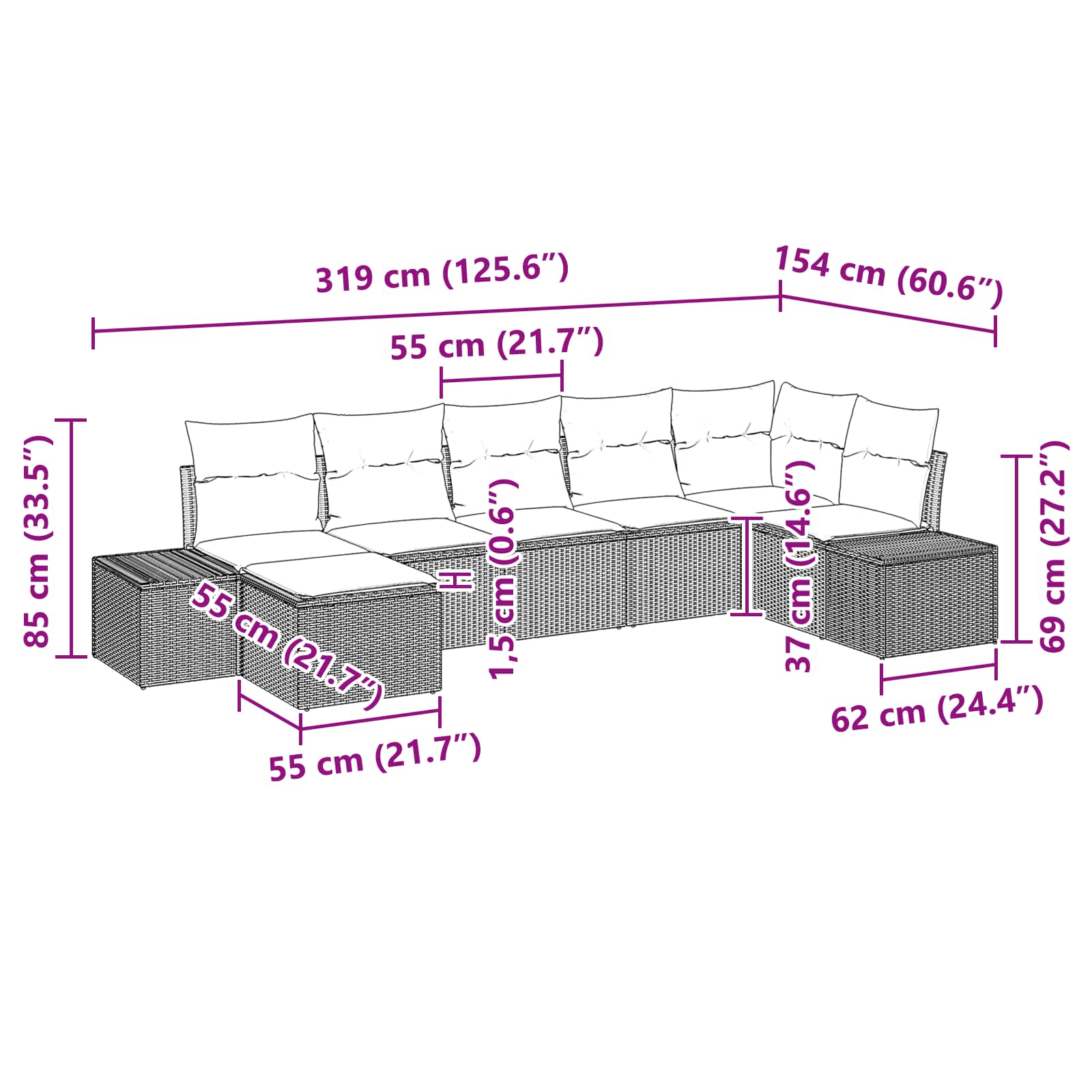 Havesofa Sæt med pude 7 pcs Brun polyrattan
