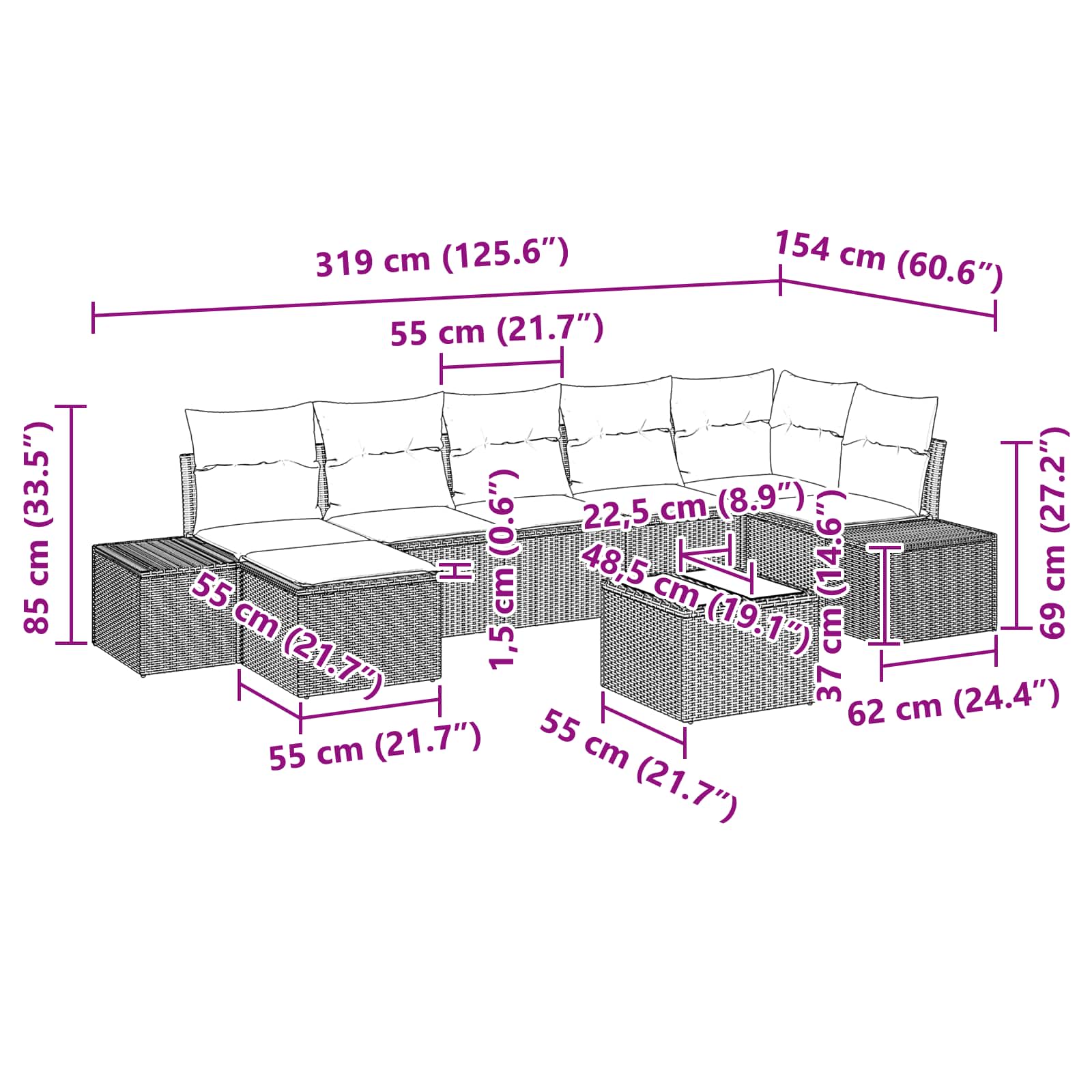 Havesofa Sæt med pude 8 pcs Brun polyrattan