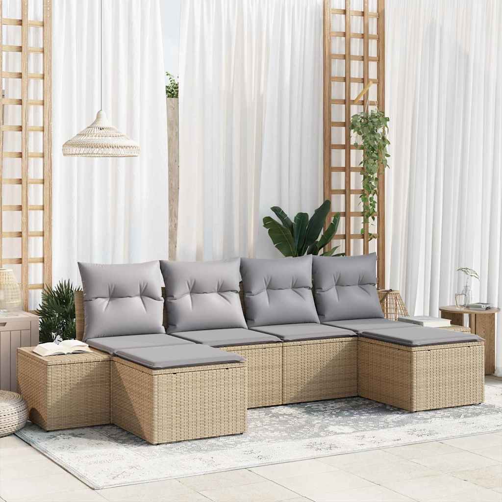 Havesofa Sæt med pude 6 pcs Beige polyrattan