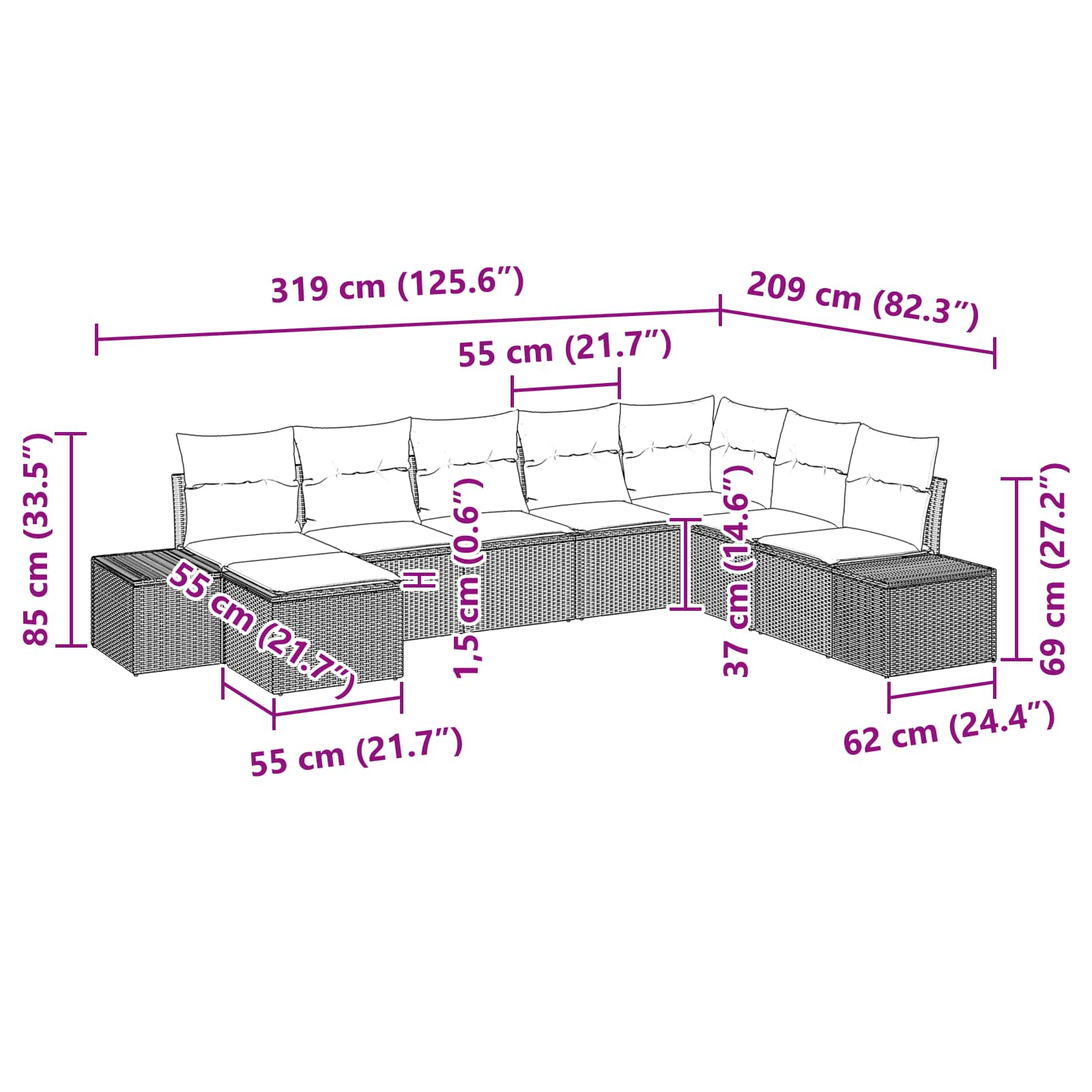 Havesofa Sæt med pude 8 pcs Brun polyrattan