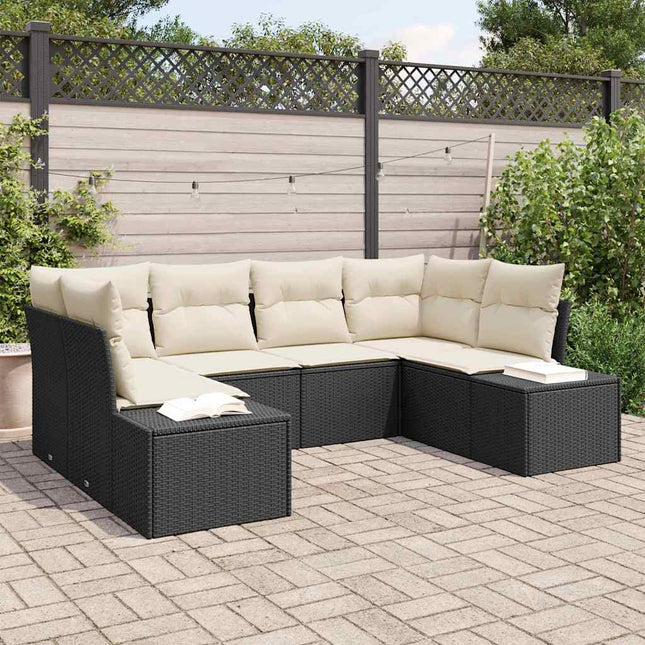Havesofa Sæt med pude 6 pcs Sort polyrattan