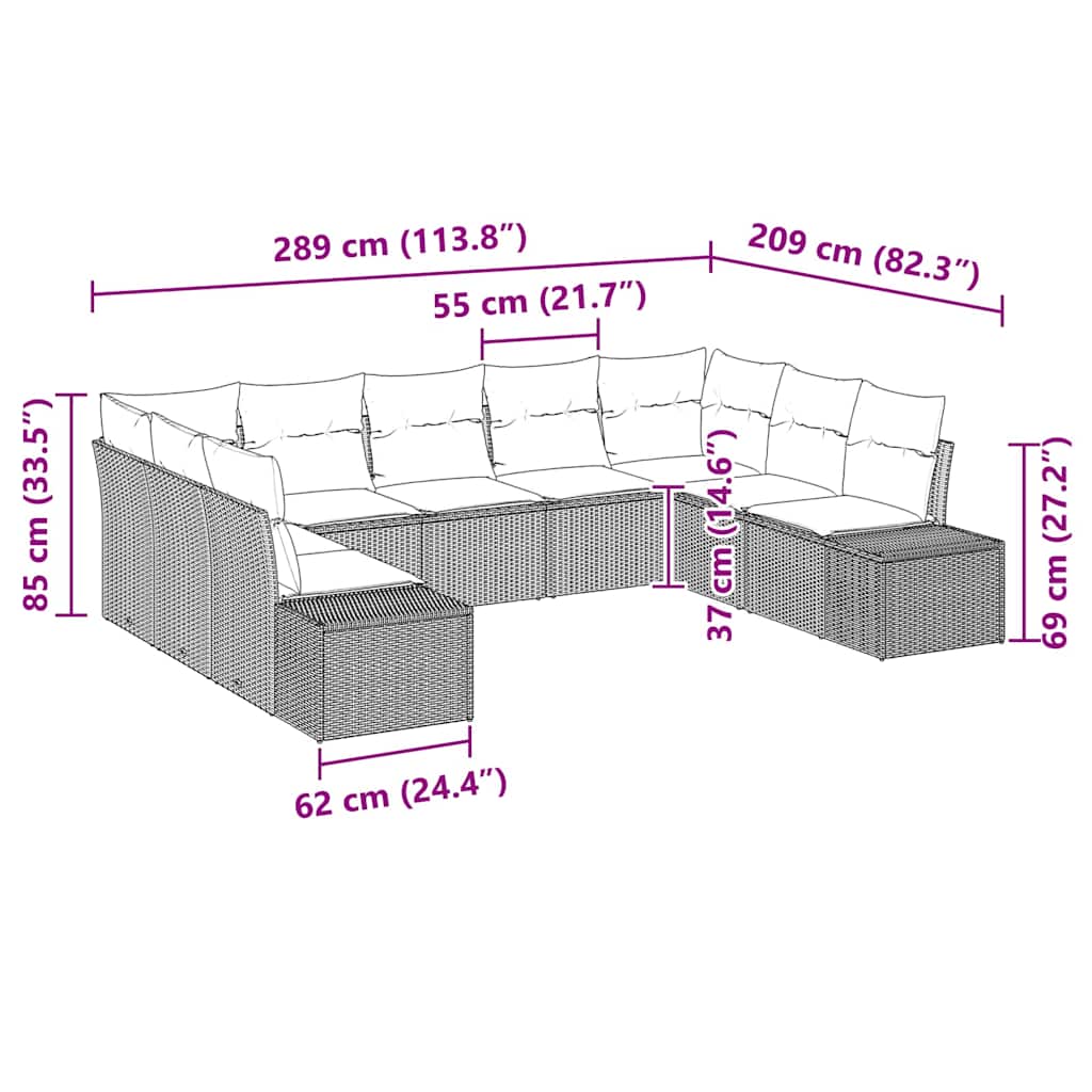 Havesofa Sæt med pude 9 pcs Brun polyrattan