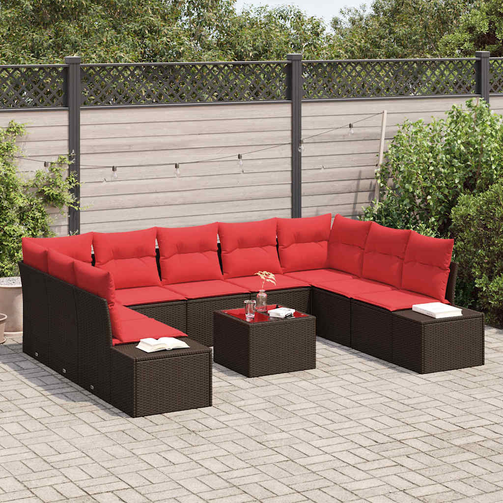 Havesofa Sæt med pude 10 pcs Brun polyrattan