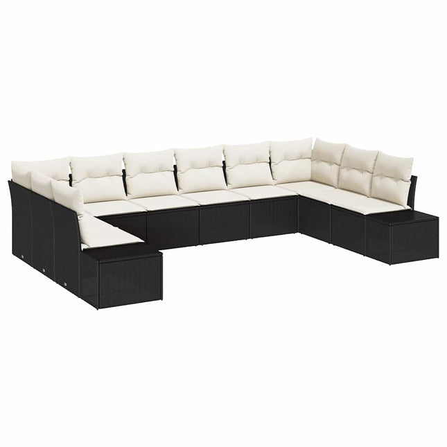 Havesofa Sæt med pude 10 pcs Sort polyrattan