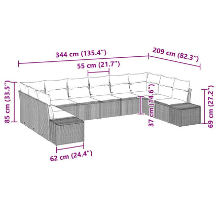 Havesofa Sæt med pude 10 pcs Brun polyrattan