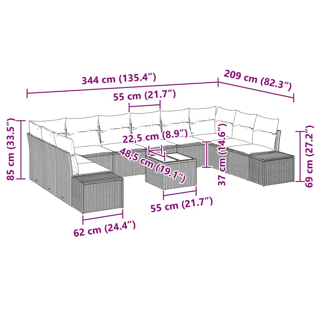 Havesofa Sæt med pude 11 pcs Beige polyrattan