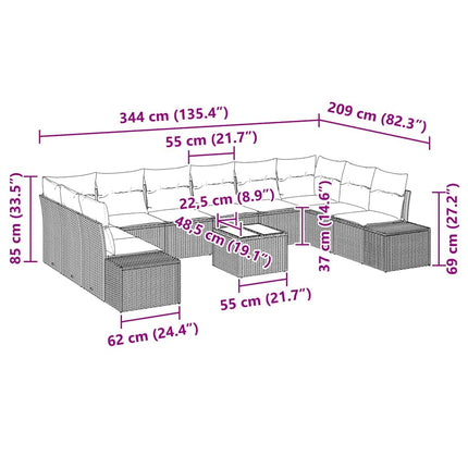 Havesofa Sæt med pude 11 pcs Lysegrå polyrattan