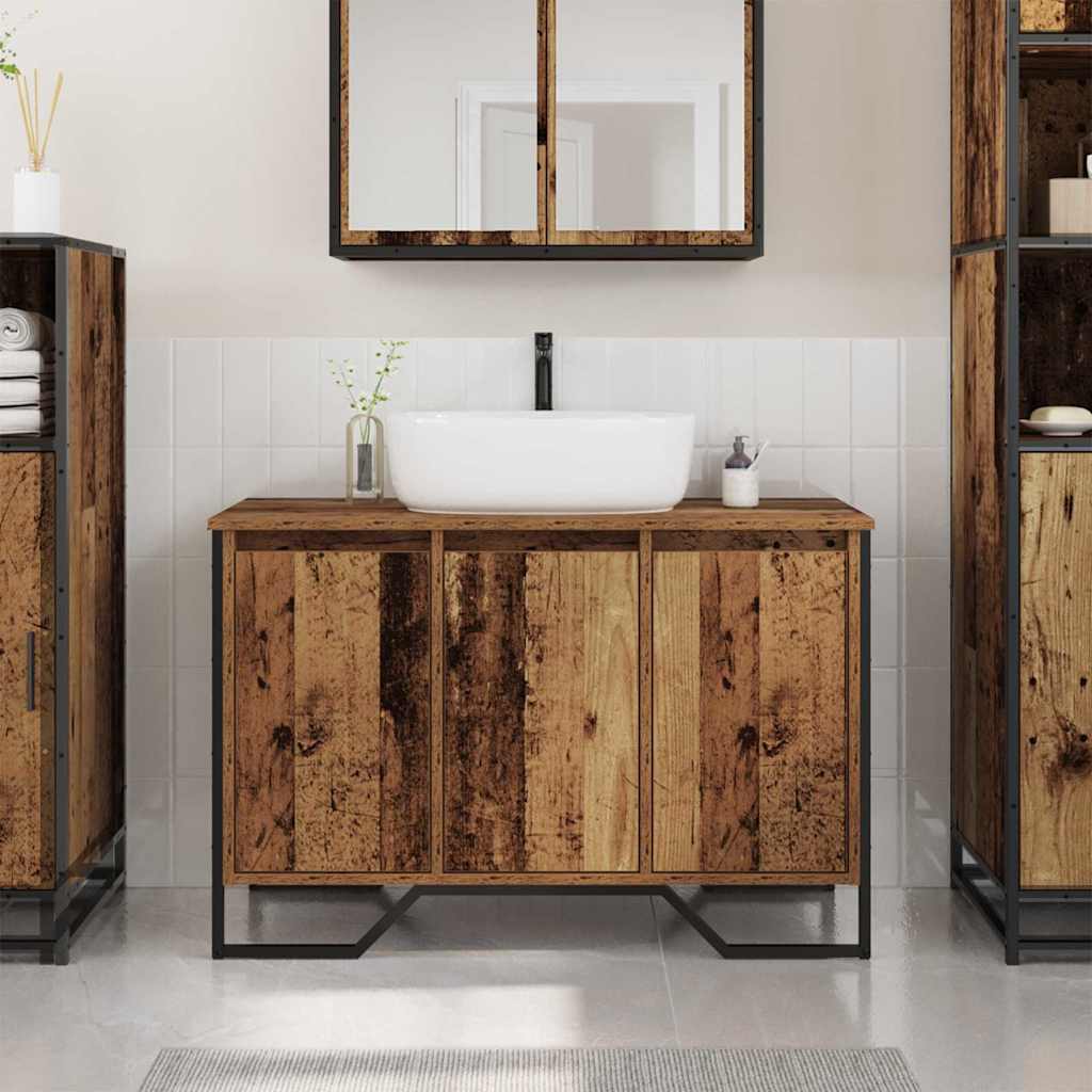 Vaskeskab i konstrueret træ - 91 × 35 × 60 cm, gammeltræ-look med sort metalramme