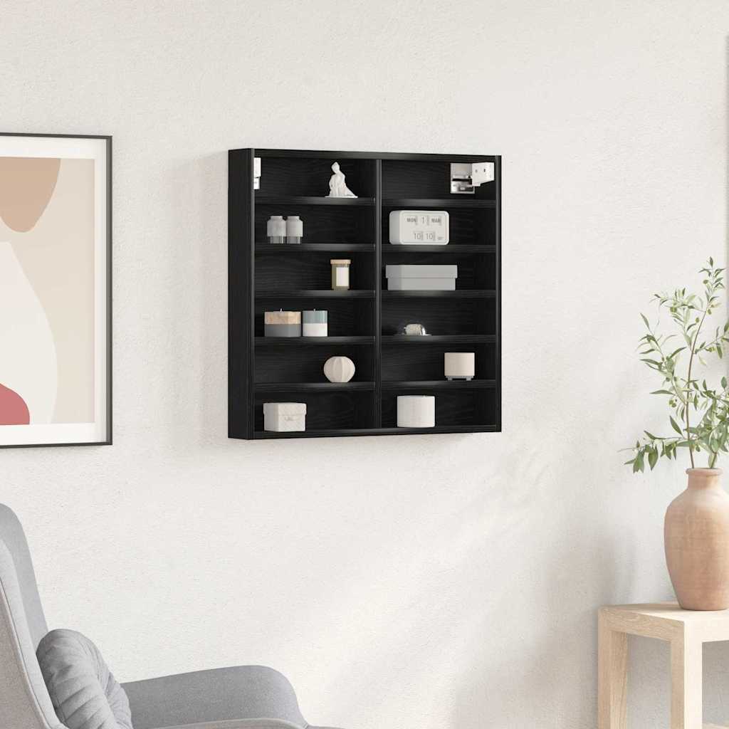 Displayskab med 16 hylder - sort eg, 60 × 8,5 × 58 cm, konstrueret træ