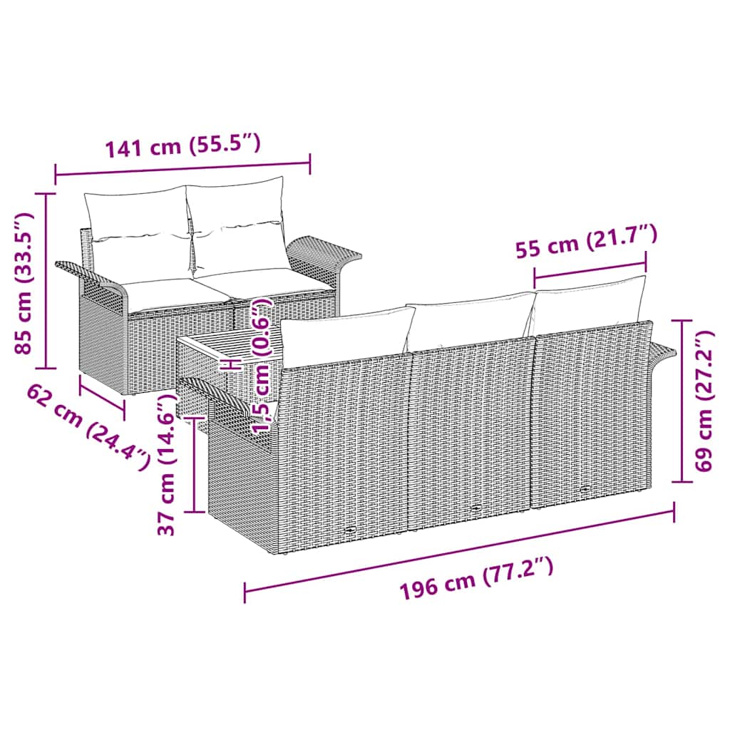 Havesofa Sæt med pude 6 pcs Beige polyrattan