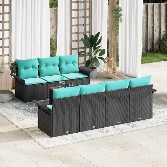 Havesofa Sæt med pude 8 pcs Sort polyrattan