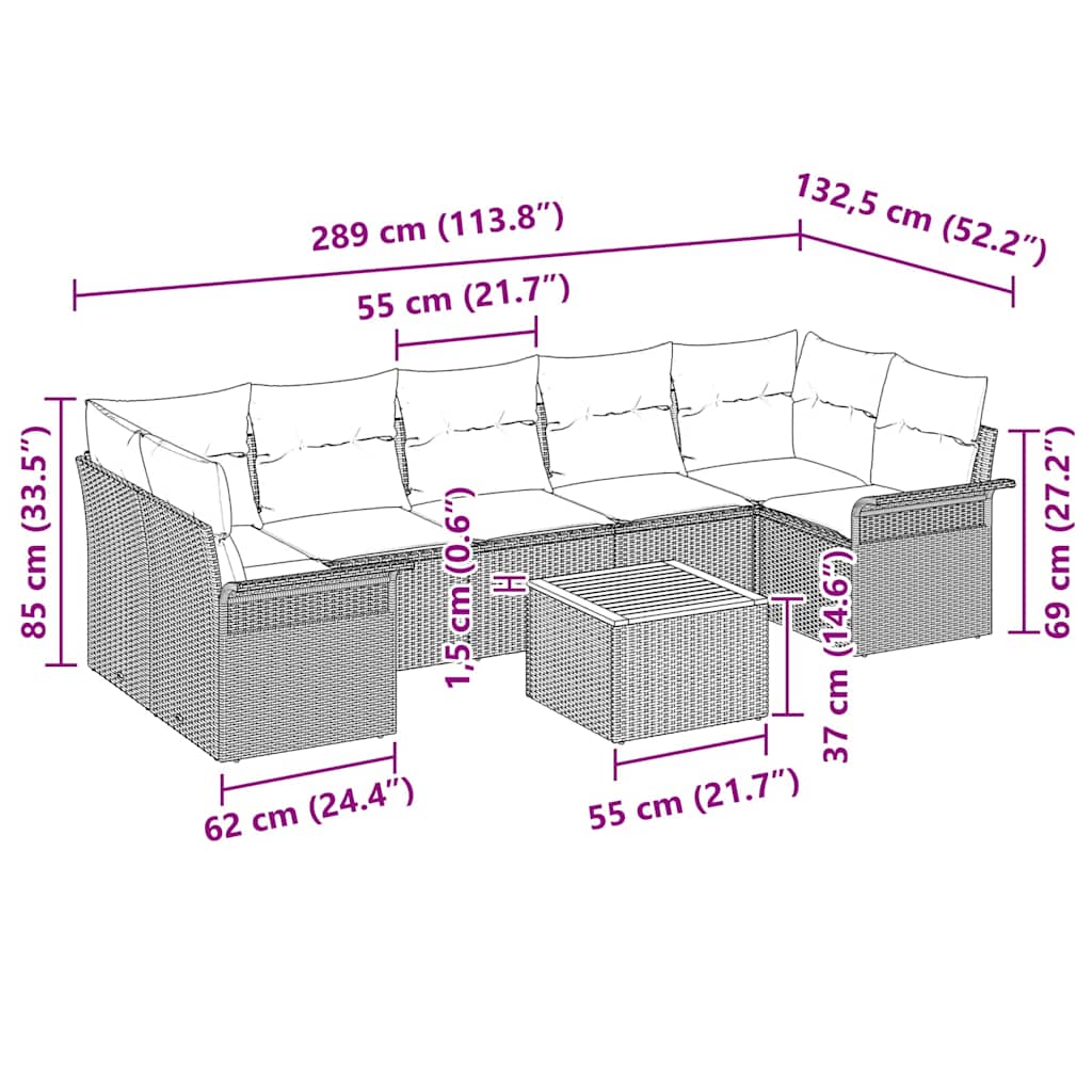 Havesofa Sæt med pude 8 pcs Sort polyrattan