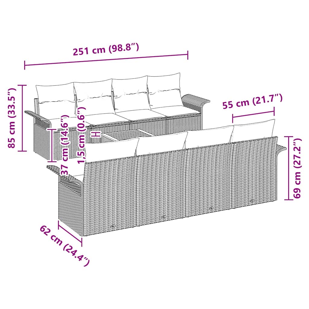 Havesofa Sæt med pude 9 pcs Grå polyrattan