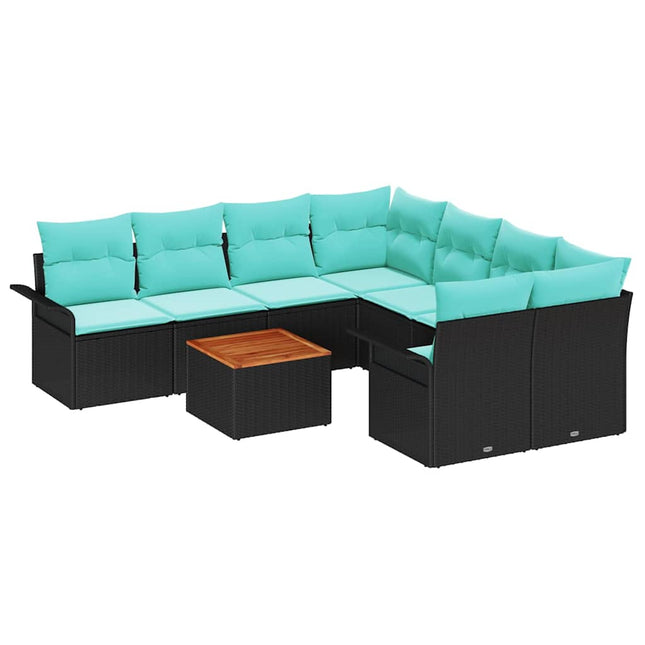 Havesofa Sæt med pude 9 pcs Sort polyrattan
