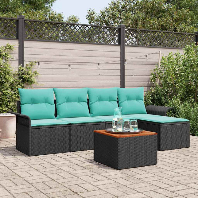Havesofa Sæt med pude 6 pcs Sort polyrattan