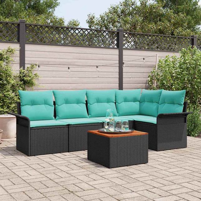 Havesofa Sæt med pude 6 pcs Sort polyrattan