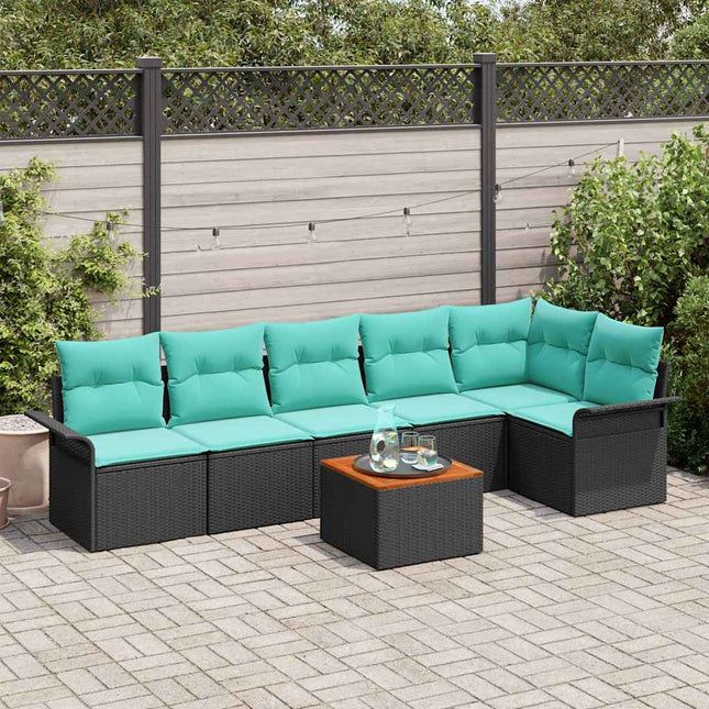 Havesofa Sæt med pude 7 pcs Sort polyrattan