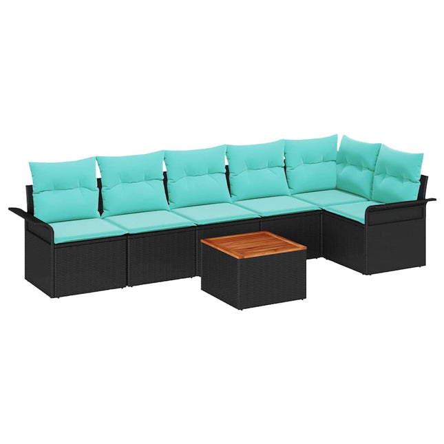 Havesofa Sæt med pude 7 pcs Sort polyrattan
